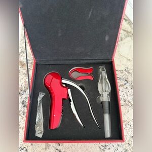 NIB Wolfgang Puck_Wine Set in Red & Silver_Vegan Red Leather Case
